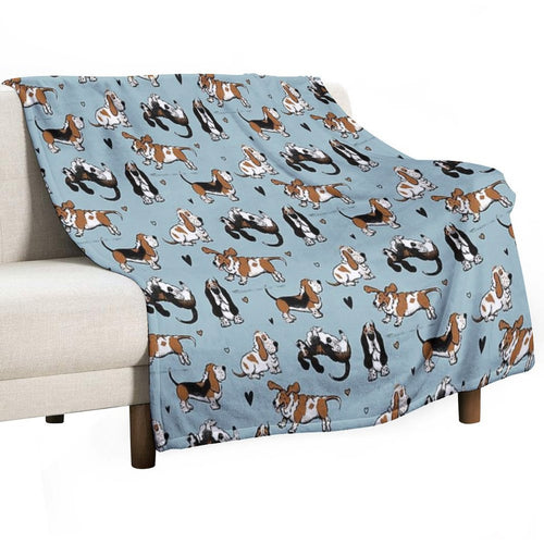 Basset Buddies on Blue Machine-washable Throw Blanket