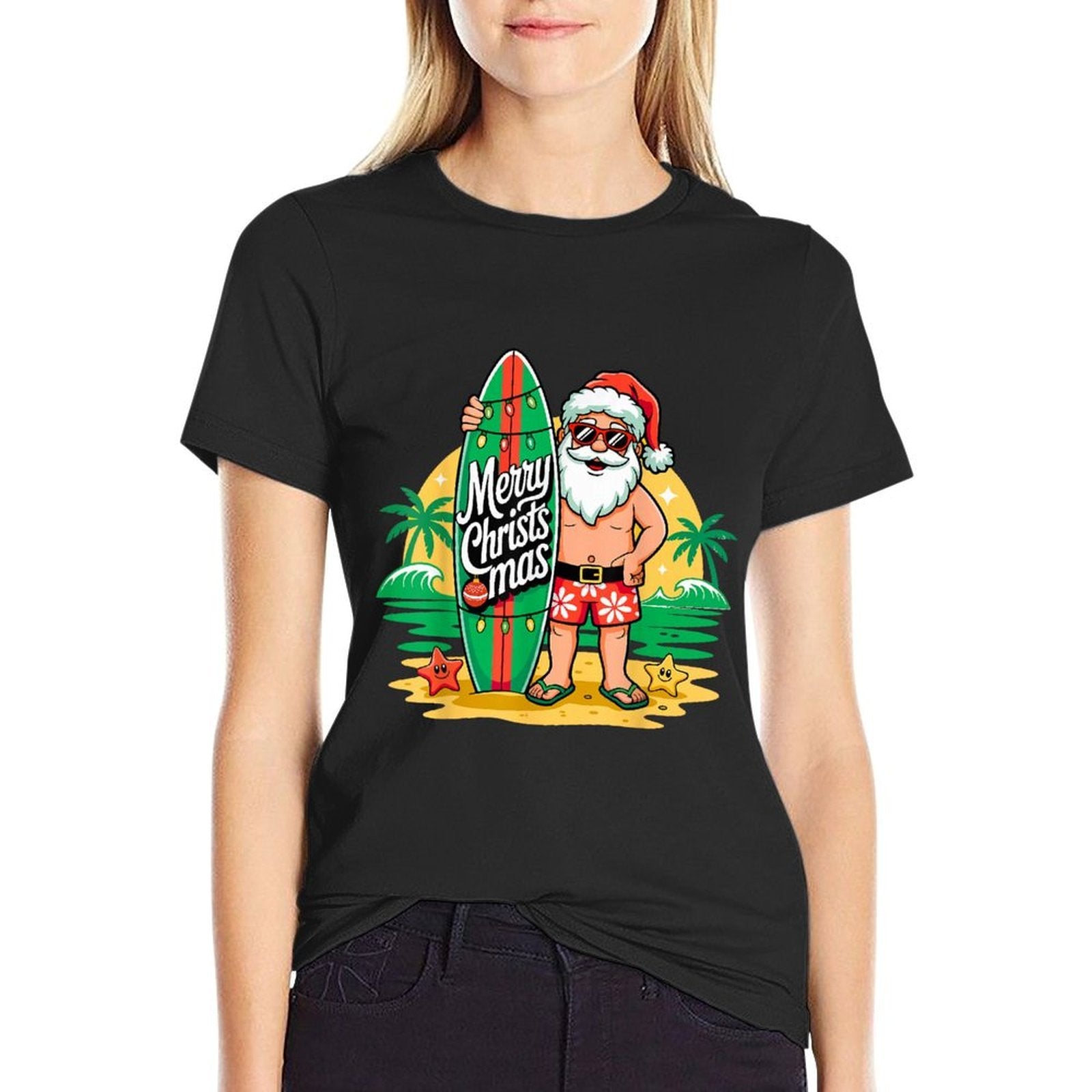 Santa Surfing Hawaiian Beach Christmas in July Tropical Xmas  Fade-proof Color T-Shirt