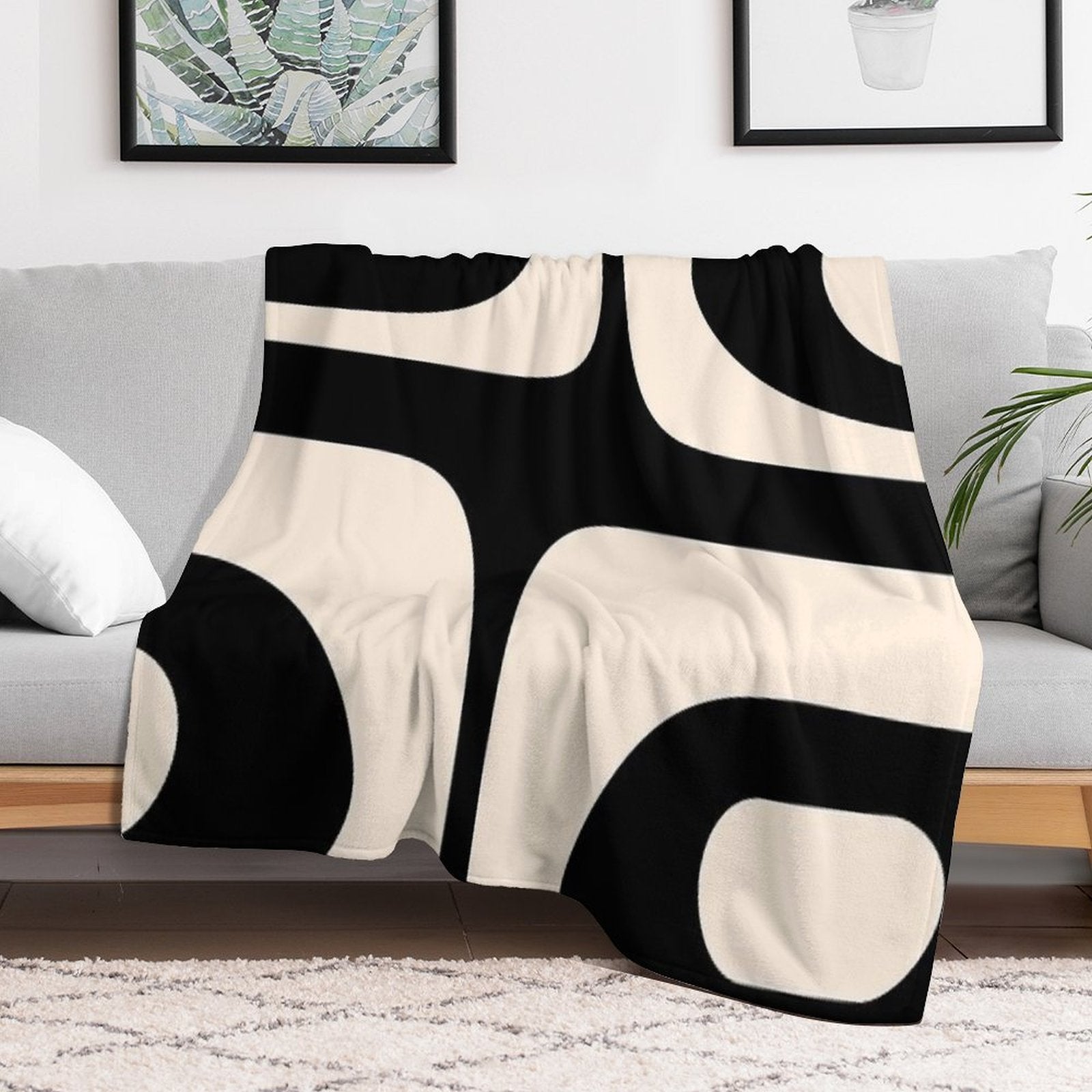 Retro Piquet Mid Century Modern Abstract Pattern 2 in Black And Almond Cream Quick-dry Throw Blanket