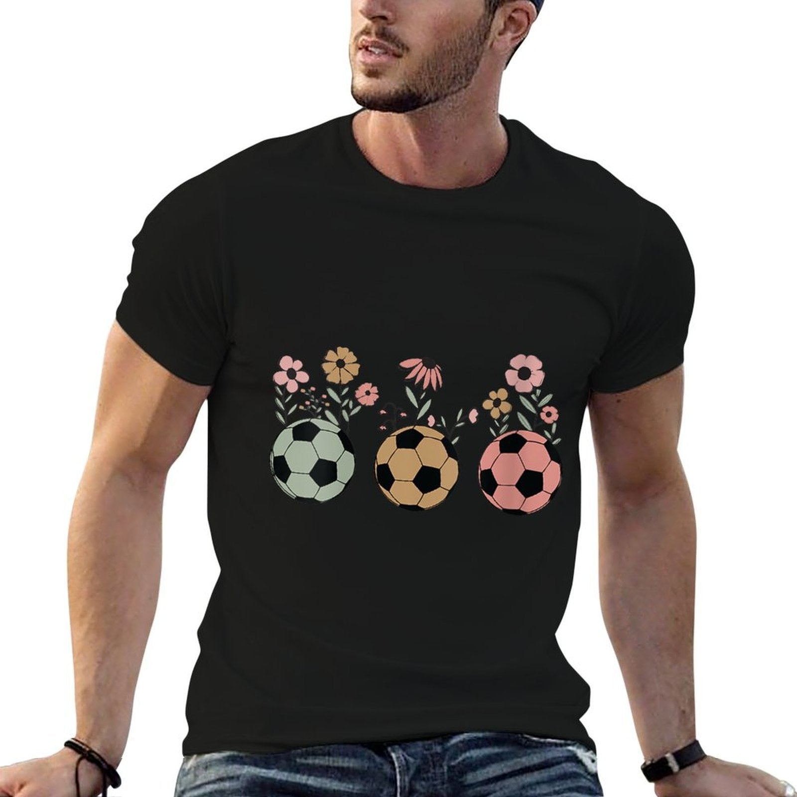 Womens Soccer Ball Floral Wildflower Spring Retro For Women Kids  Relaxed-fit T-Shirt