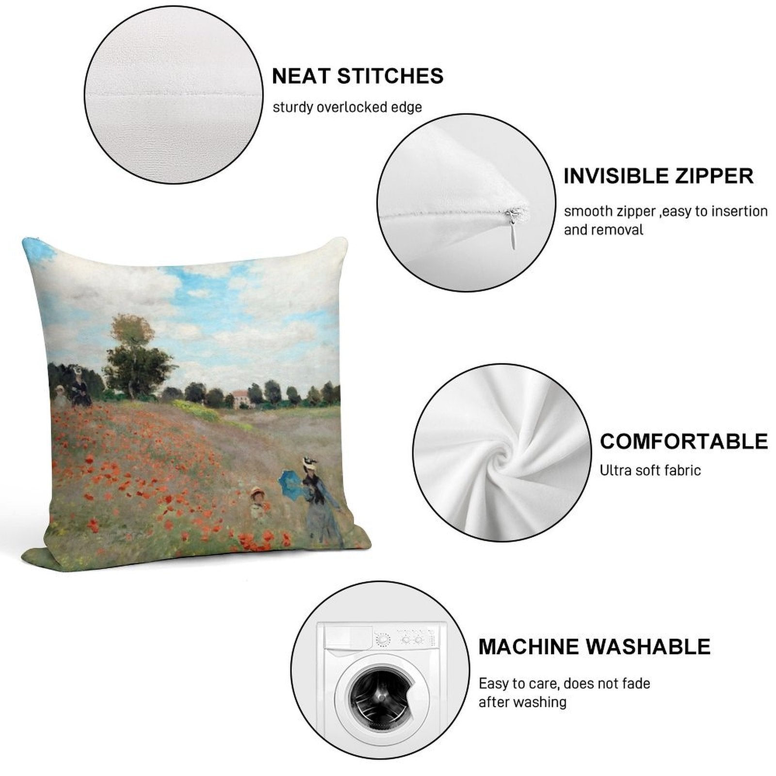 Poppy Field - Claude Monet - 1873 Soft Bedroom Essential Throw Pillow