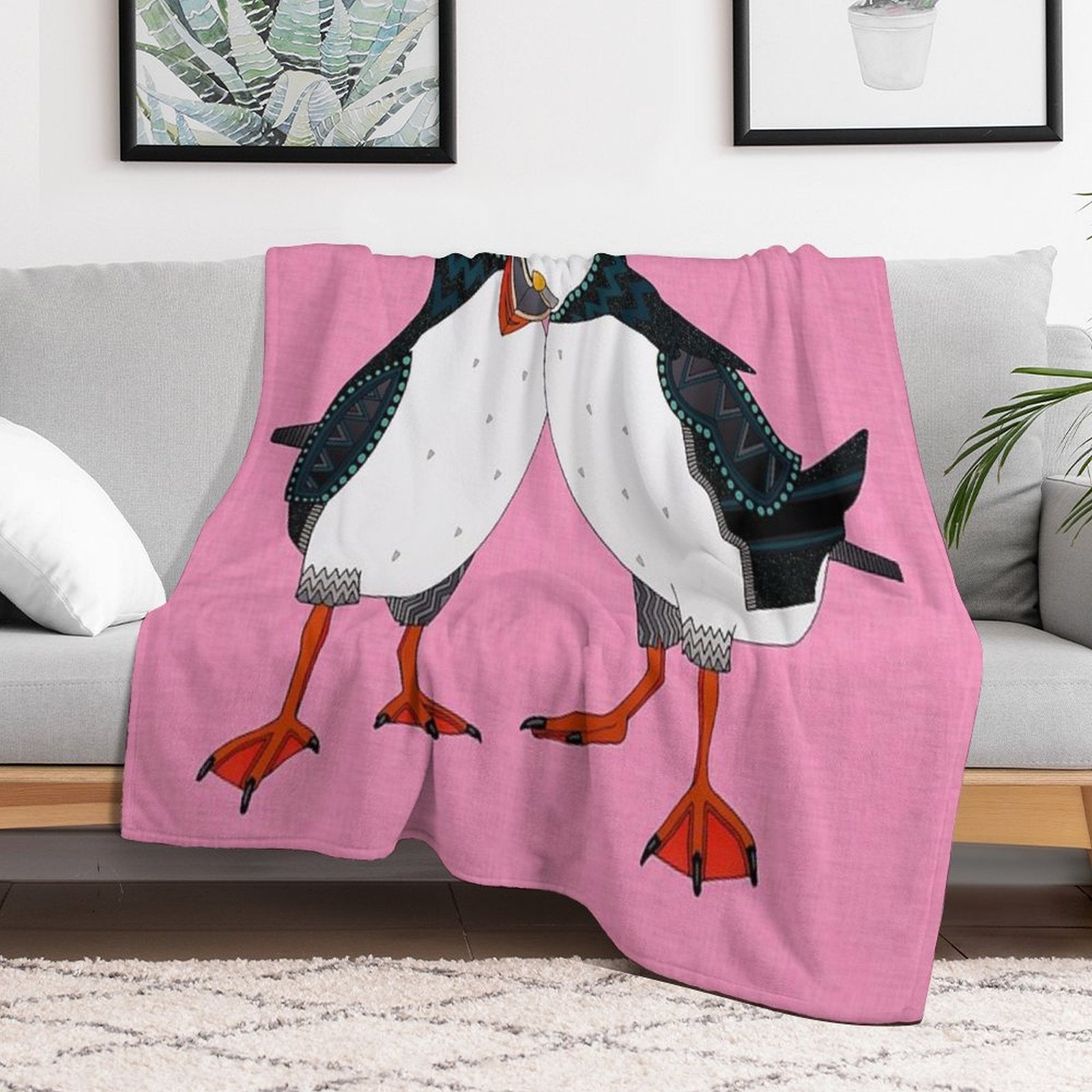 Puffin Pair Pink Sustainable Throw Blanket