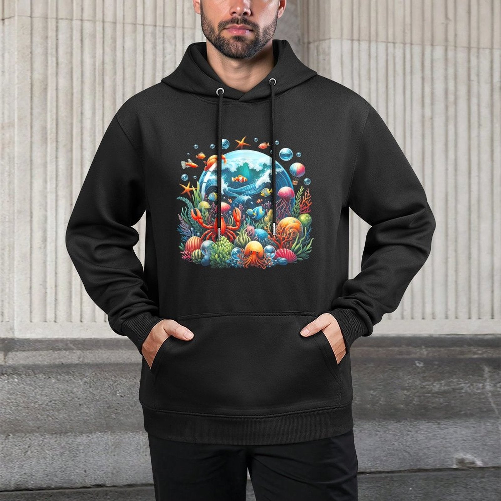 Ocean Scene Watercolor Sea Life Outer Nature Machine Washable Hoodie