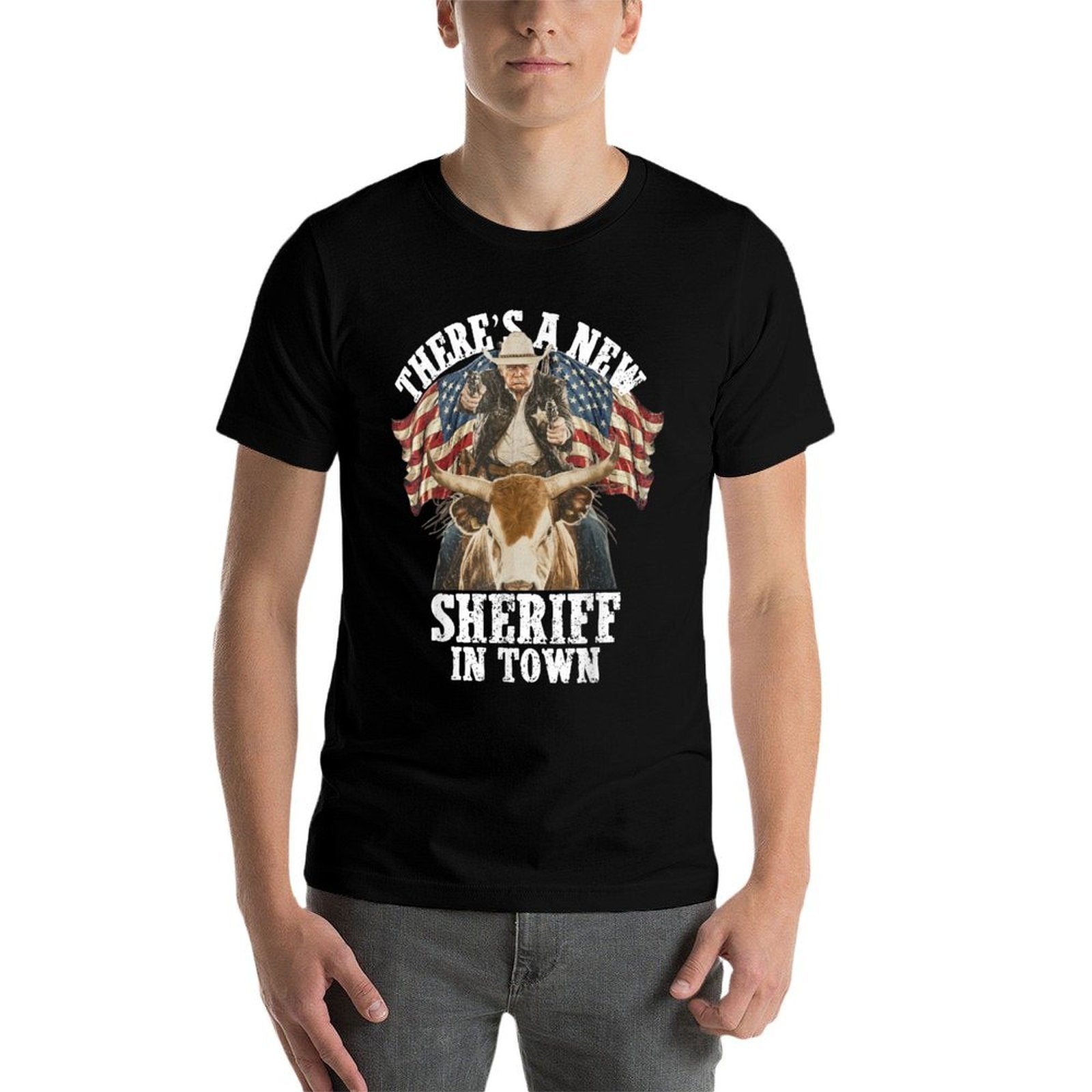 Cowboy Trump 2025 There's A New Sheriff In Town  Rolled Sleeves T-Shirt