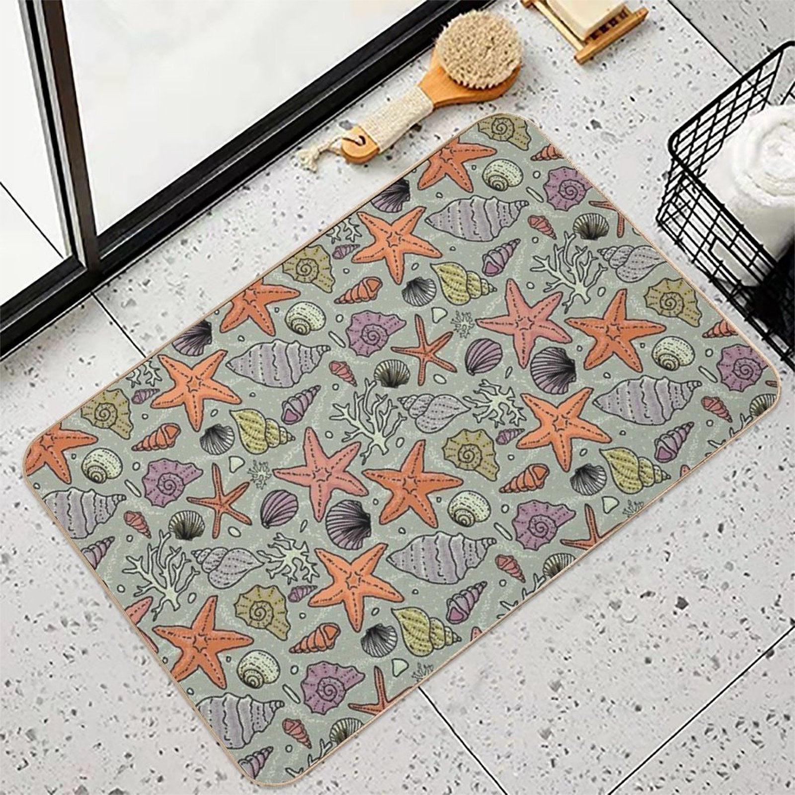 Seashells And Starfish in The Sea Pattern  Toxin-Free Bath Mat