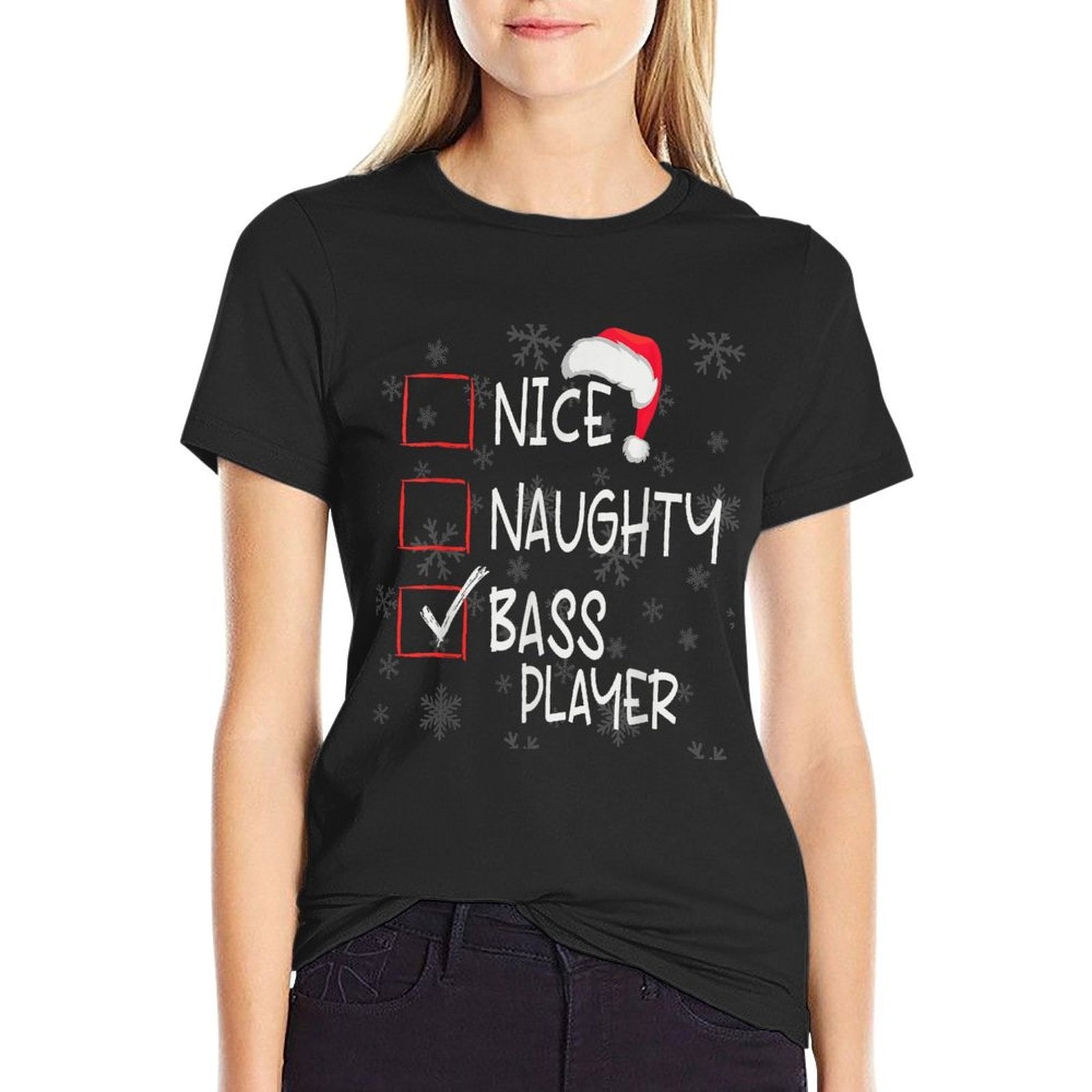 Nice Naughty Bass Guitar Player List Christmas Santa Claus  Easy-care T-Shirt