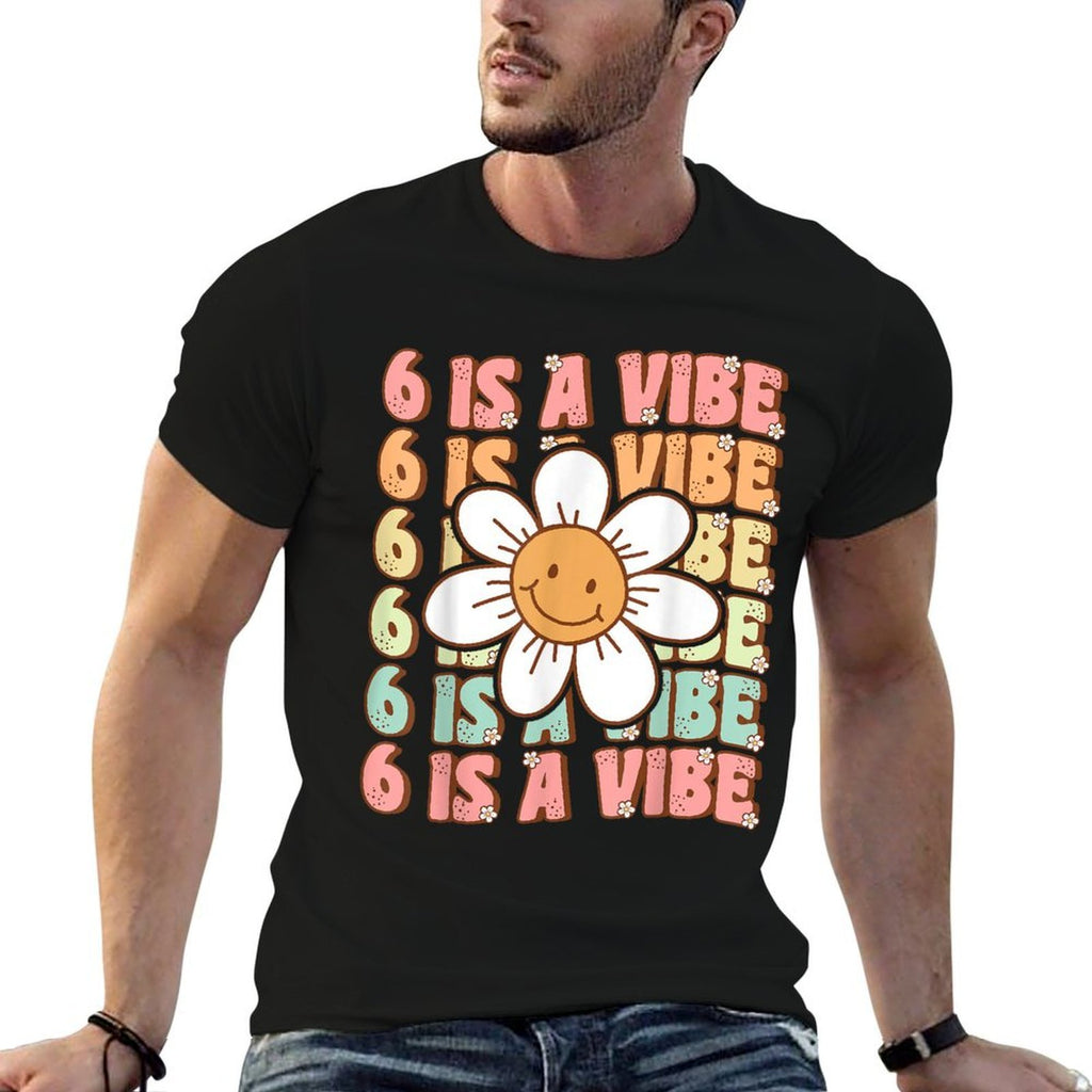 Six Is A Vibe Cute Groovy 6th Birthday Party Daisy Flower  Heathered Texture T-Shirt