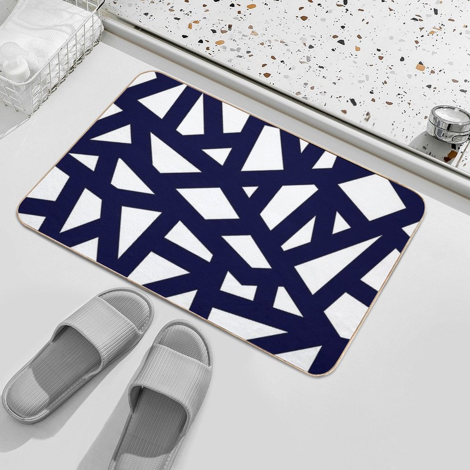 Navy Blue Thick Mosaic Lines On White  Pet-Safe Bath Mat