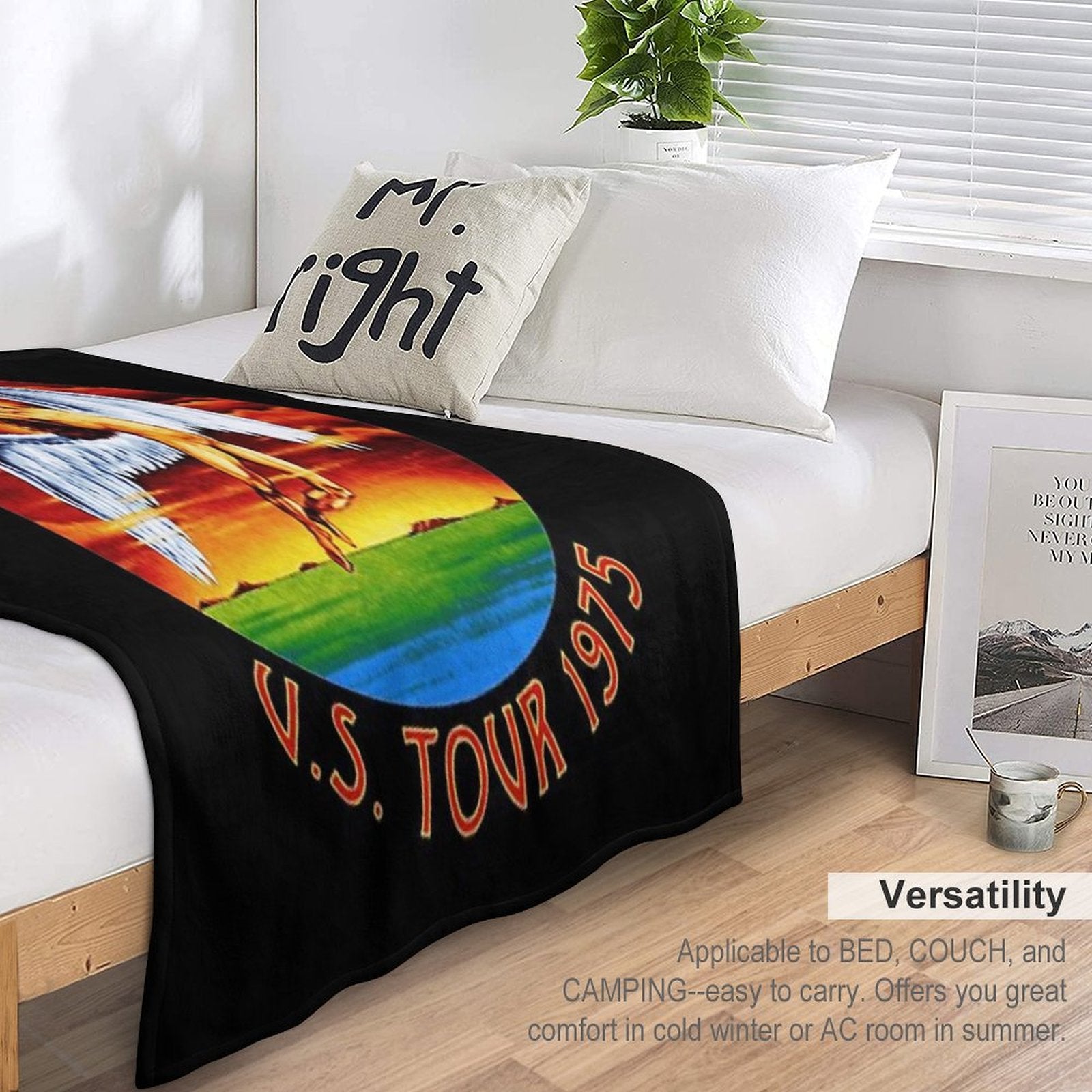 Led Vintage  US Tour 1975  Black Background Travel-friendly Throw Blanket