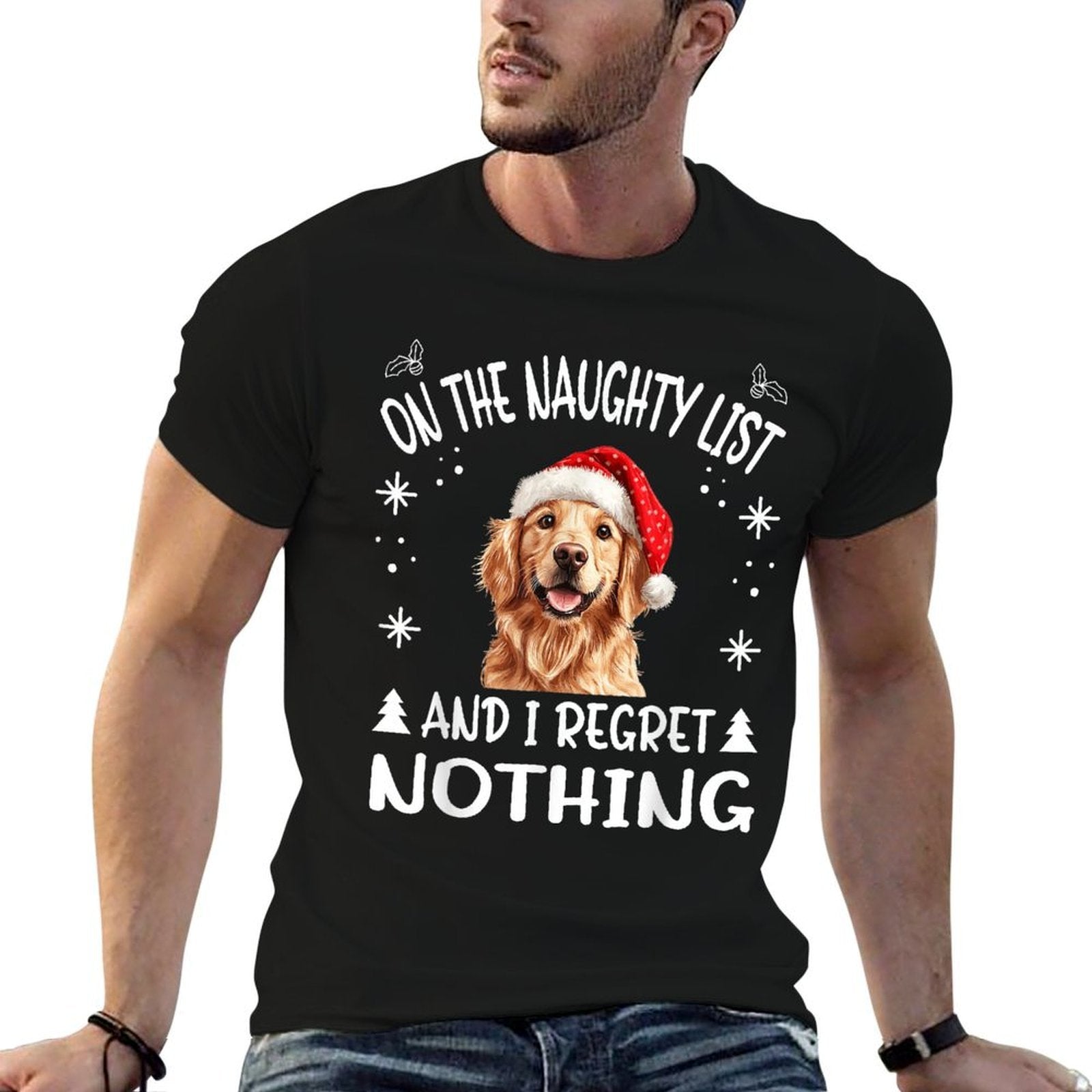 Cute Golden Retriever Dog Christmas On The Naughty List And  Rolled Sleeves T-Shirt