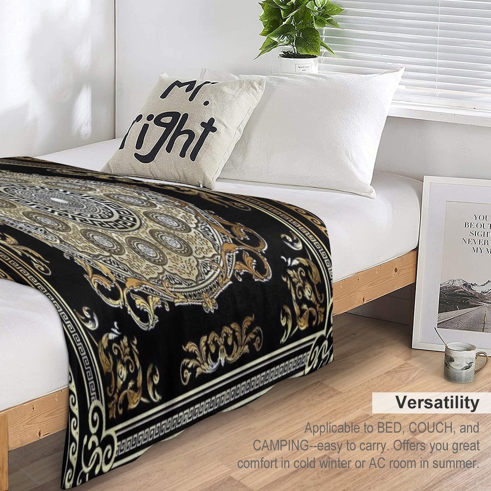Ornate Baroque Gold Pearl Black Waves Greek Meander Easy Care Throw Blanket