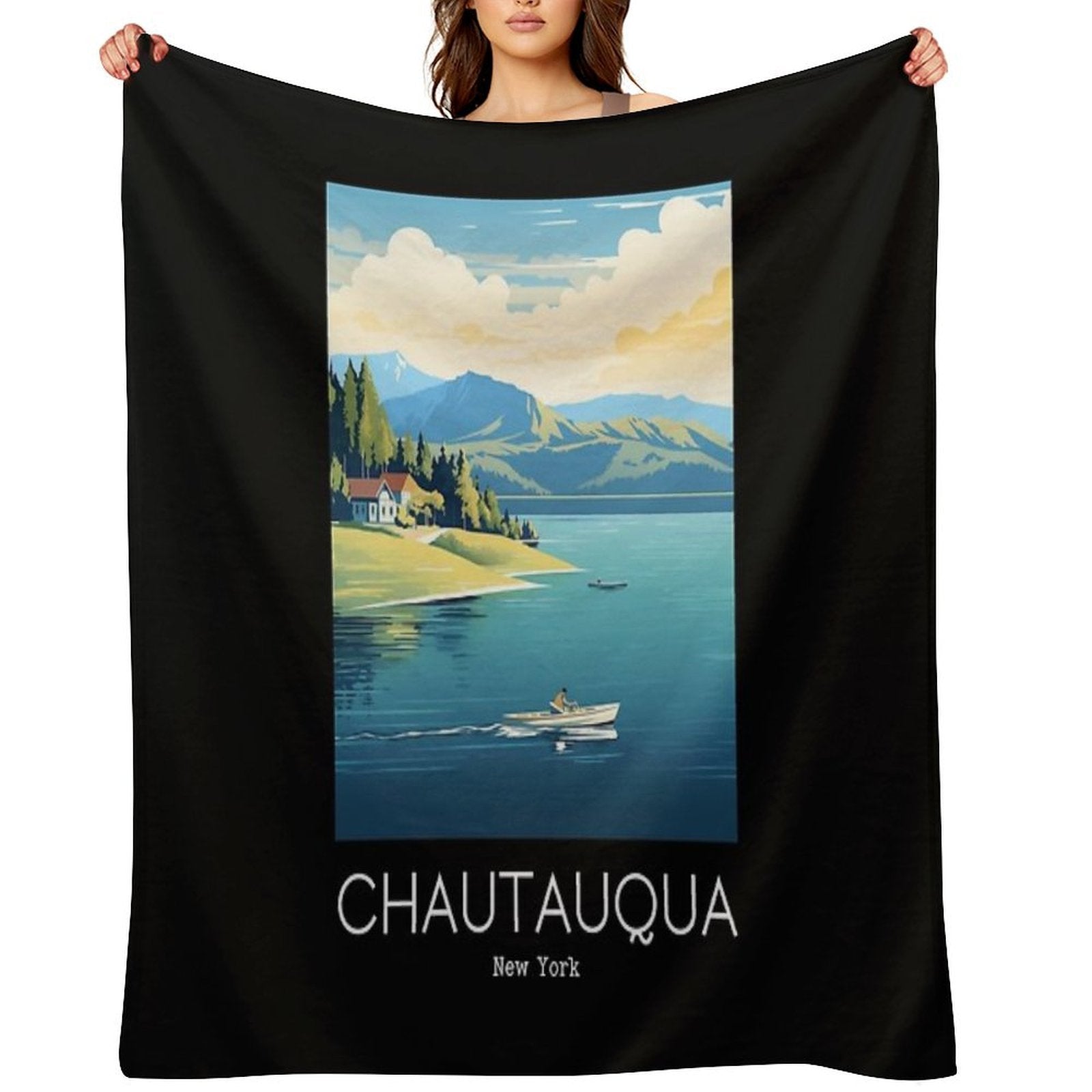 A Vintage Travel Illustration of Chautauqua Lake - New York - US Sustainable Throw Blanket