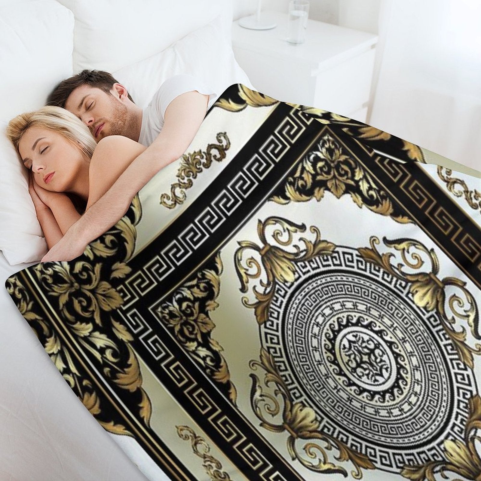 Ornate Baroque Cream Gold Black Greek Key 2 Anti-pilling Throw Blanket