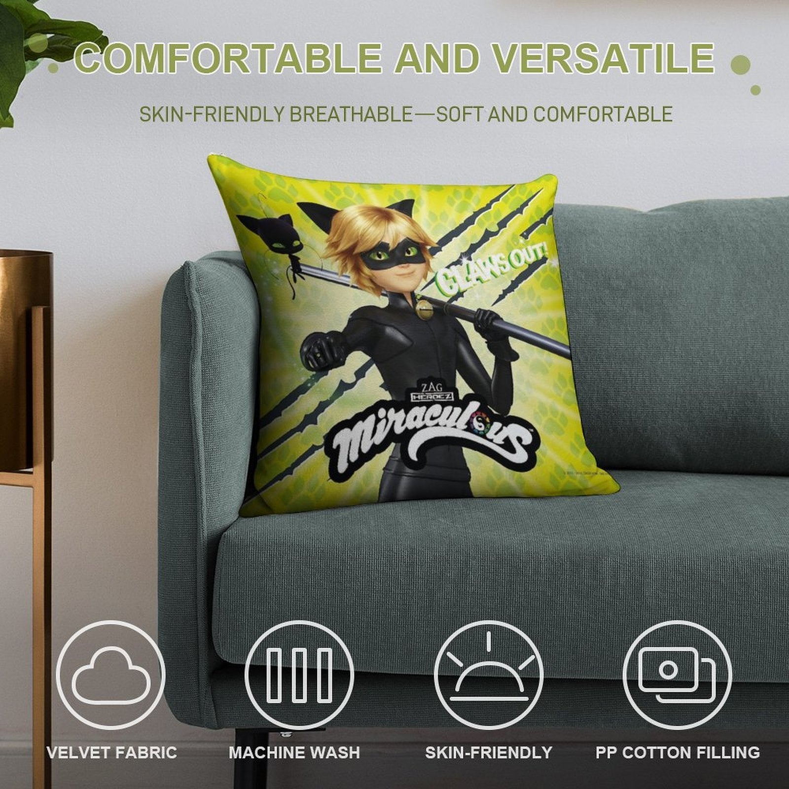 Miraculous Ladybug - Character Focus Cat Noir Claws Out Soft Decorative Cover Throw Pillow
