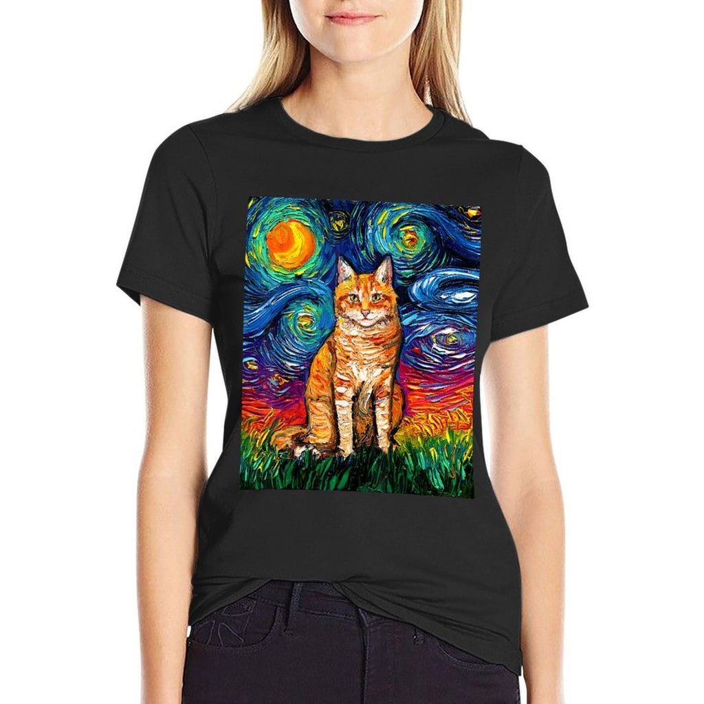 Orange Tabby Tiger Cat Starry Night Colorful Art by Aja  Lightweight T-Shirt