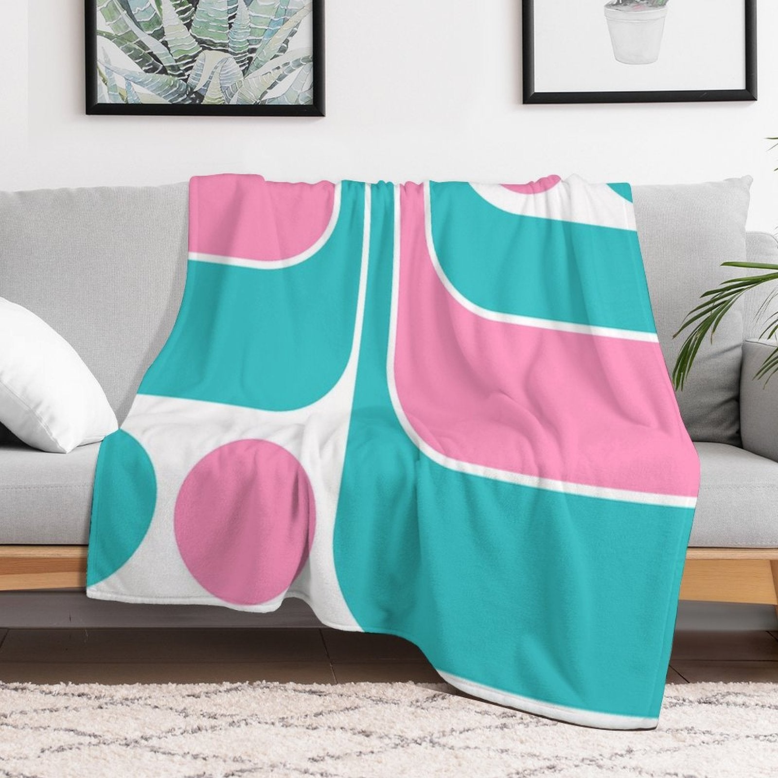 Retro Geometric Design in Pink And Turquoise Lightweight Throw Blanket