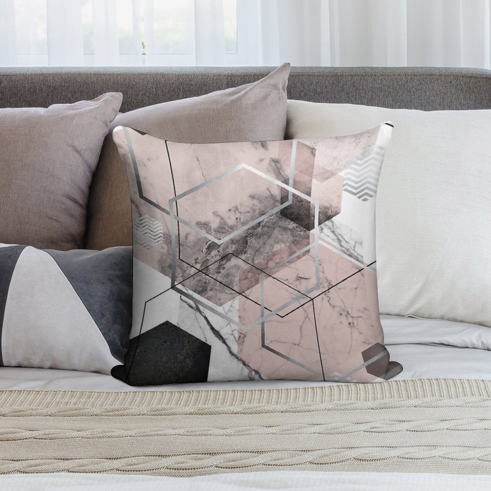 Blush And Grey Geometric Soft Durable Construction Throw Pillow