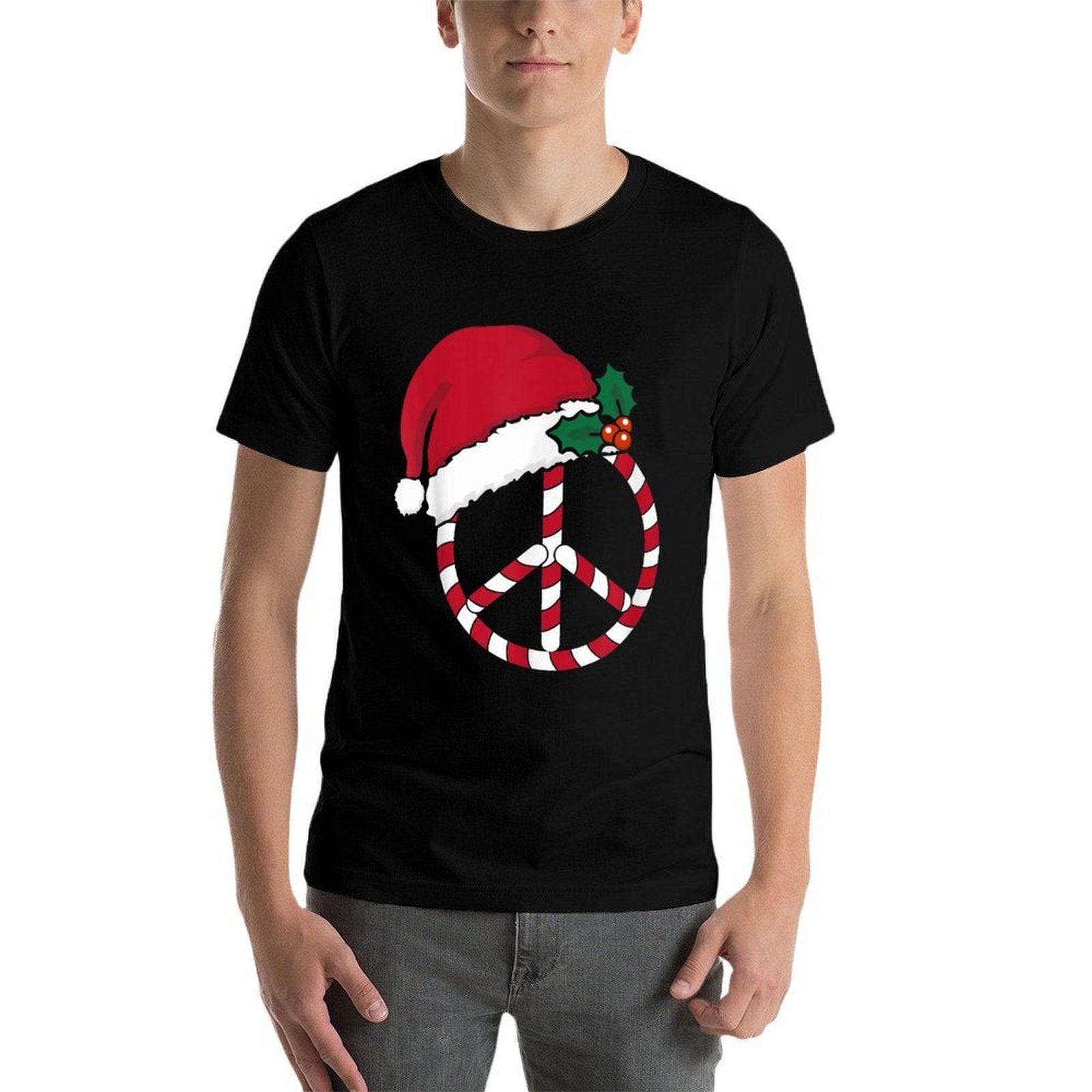 Candy Cane Peace Sign Merry Christmas Symbol Santa Hat Cute  Graphic-printed T-Shirt