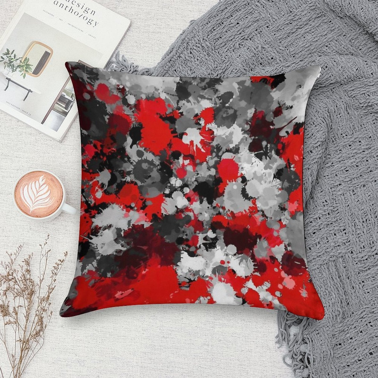 Red And Grey Paint Splatter Soft Skin-Friendly Throw Pillow