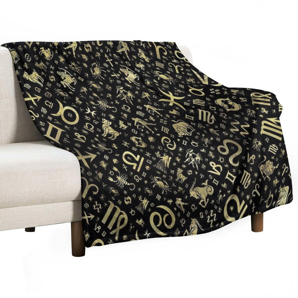 Zodiac Symbols And Glyphs Gold on Black Easy Care Throw Blanket