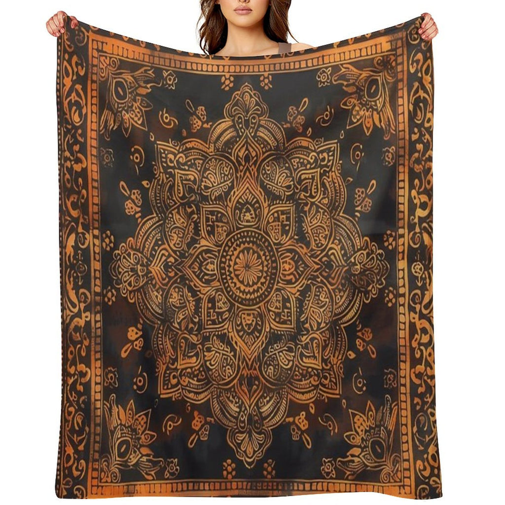 Stunning Brown And Orange Delicate Detailed Mandala Square Travel-friendly Throw Blanket