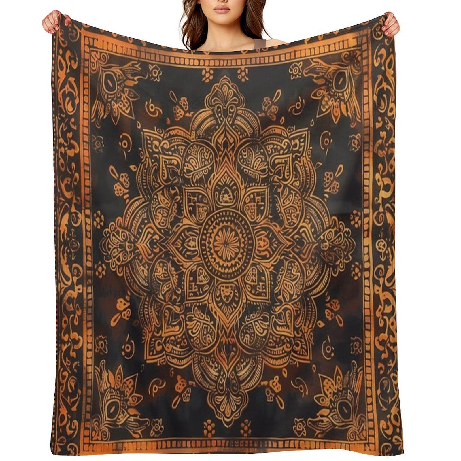 Stunning Brown And Orange Delicate Detailed Mandala Square Travel-friendly Throw Blanket