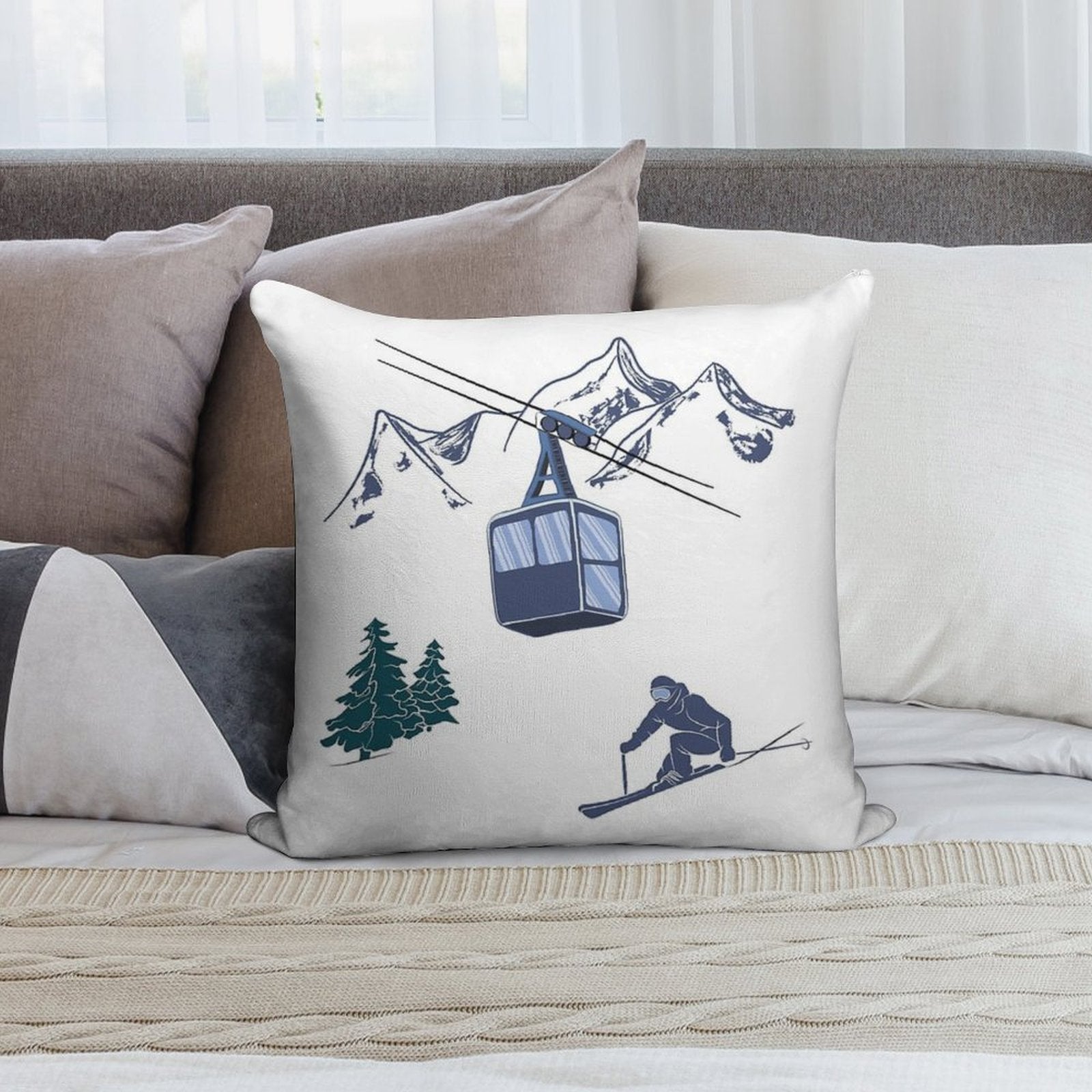 Ski Lift Resort Winter Sports Scene Soft Decorative Cover Throw Pillow