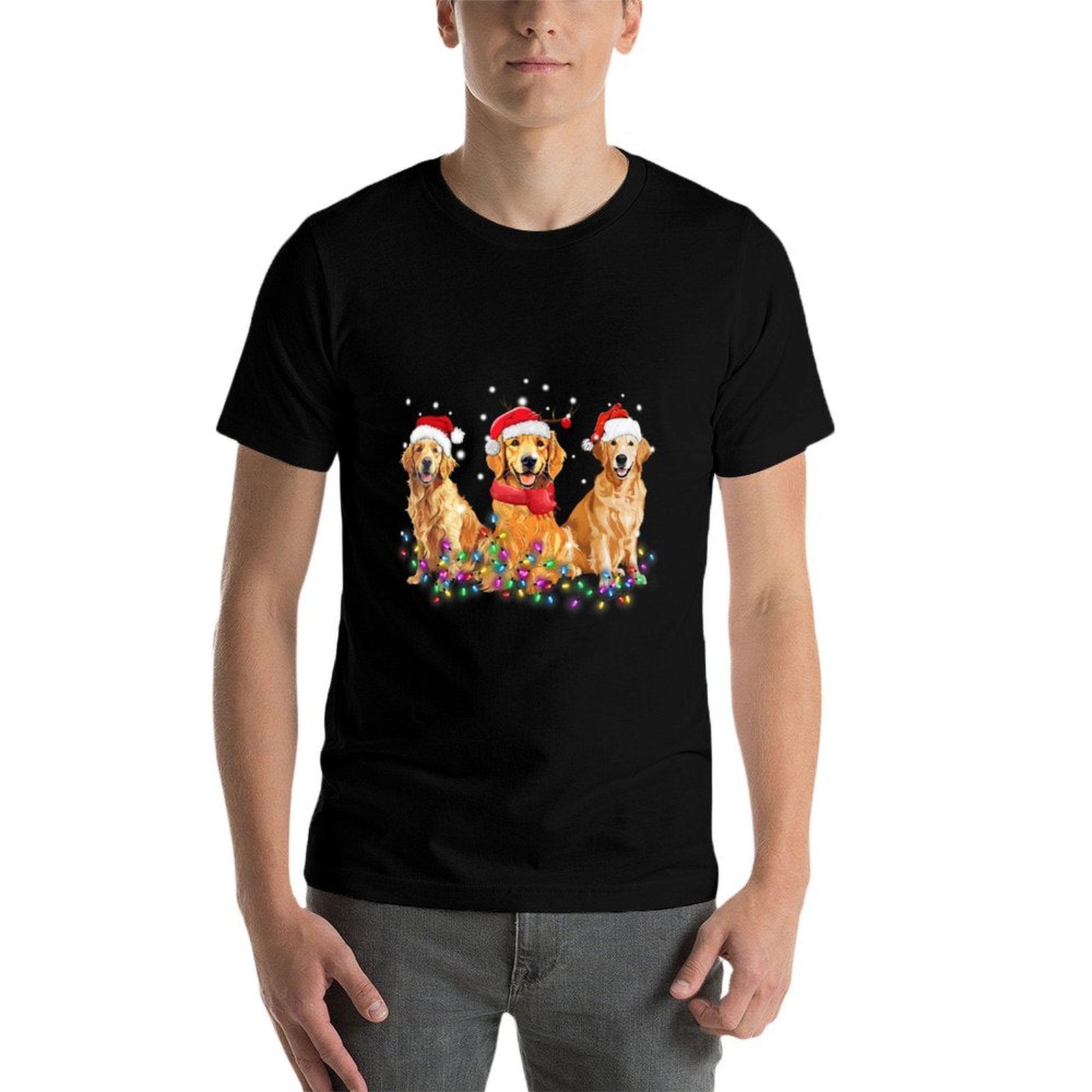 Golden Retriever Dog Christmas Lights Cute Matching Family  Wrinkle-resistant T-Shirt