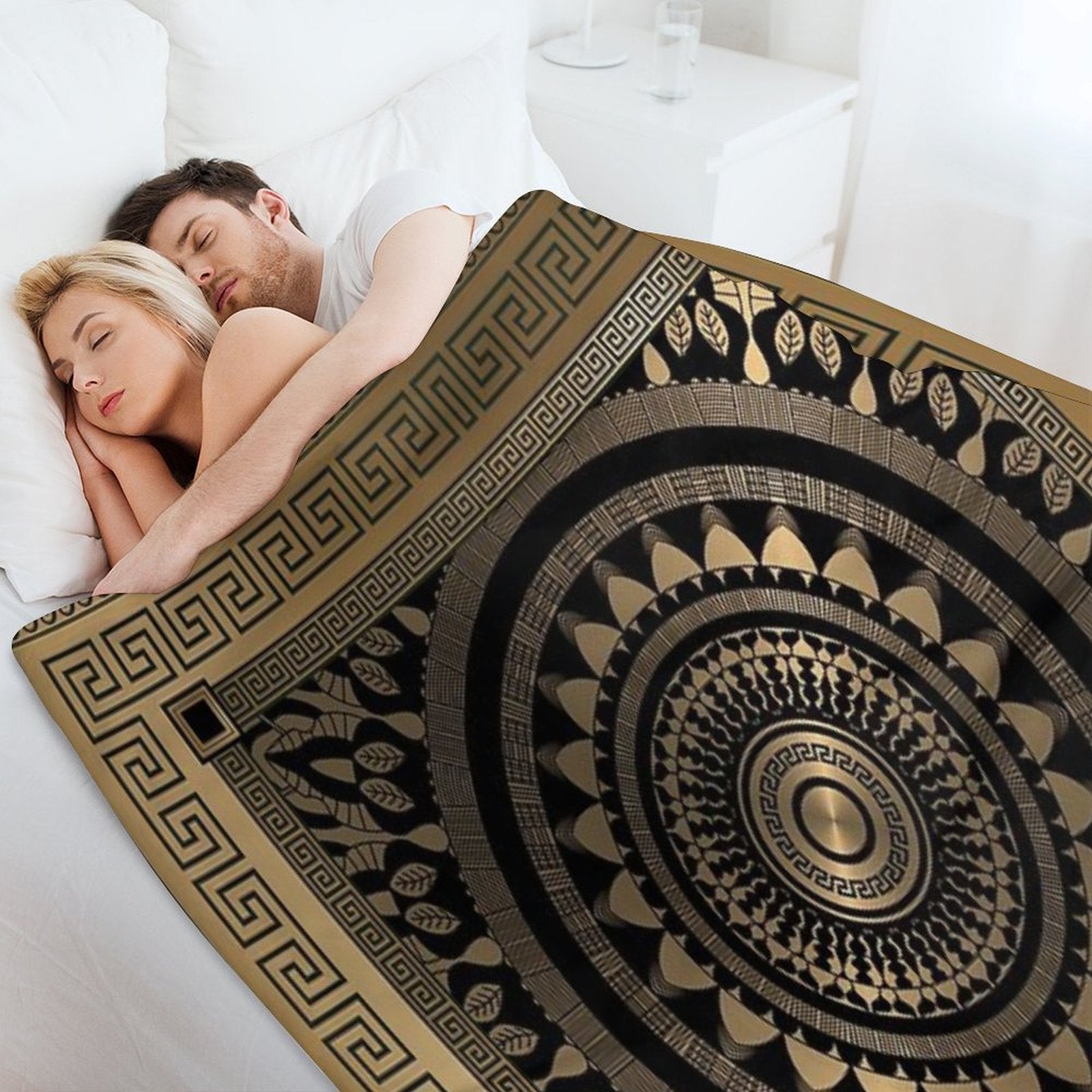 Ornate Baroque Silver Black Bronze Greek Keys Border Comfort Throw Blanket