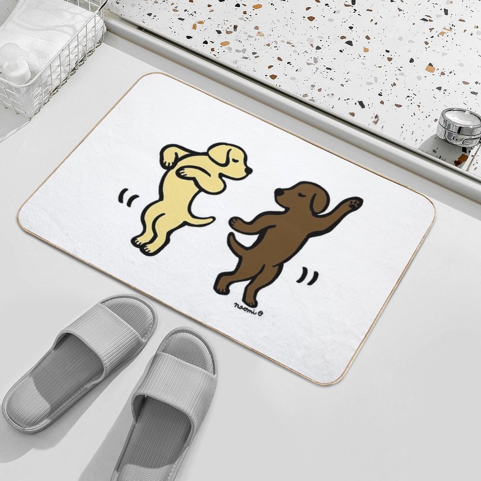 Dancing Yellow And Chocolate Labradors  Dirt-Trapping Bath Mat