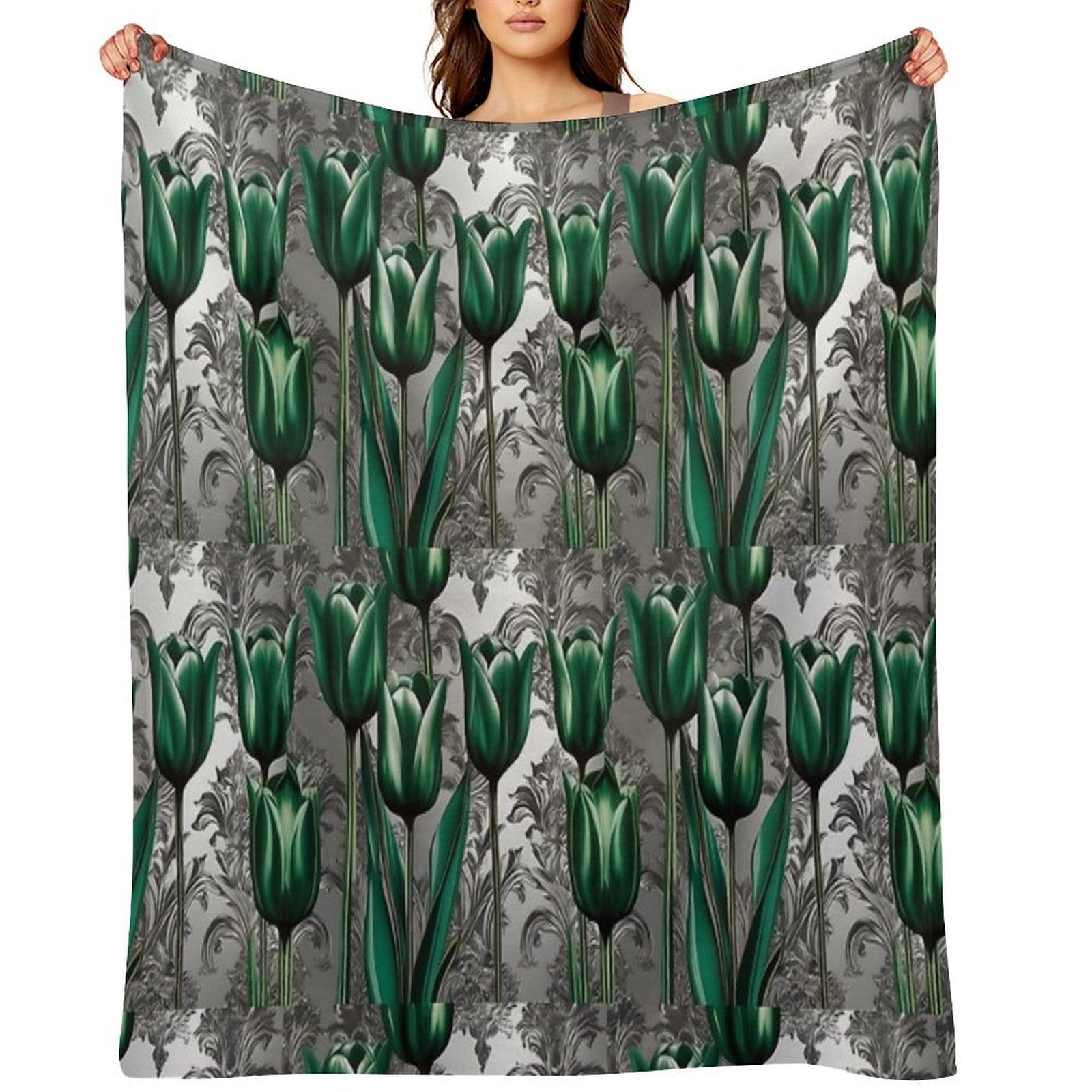 Emerald Green Tulips with Silver Baroque Compact Throw Blanket