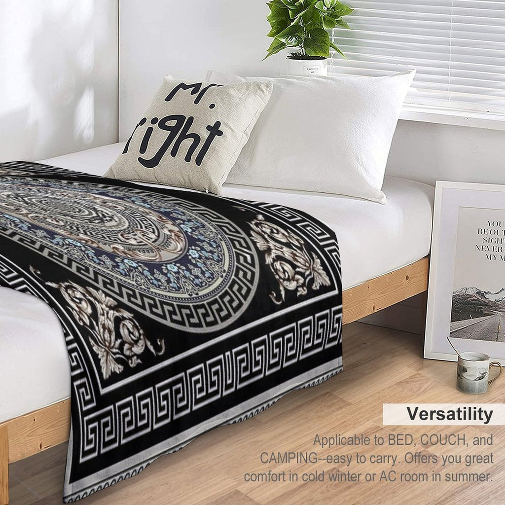 Greek Key Meander Cream Blue Black Medallion Ornate Baroque Versatility Throw Blanket