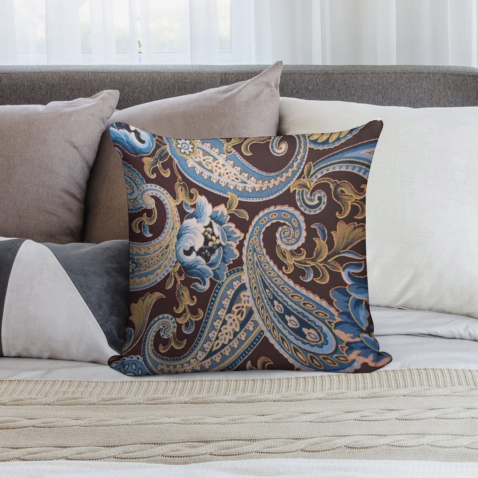 Blue Brown Vintage Paisley Soft Style Accent Throw Pillow