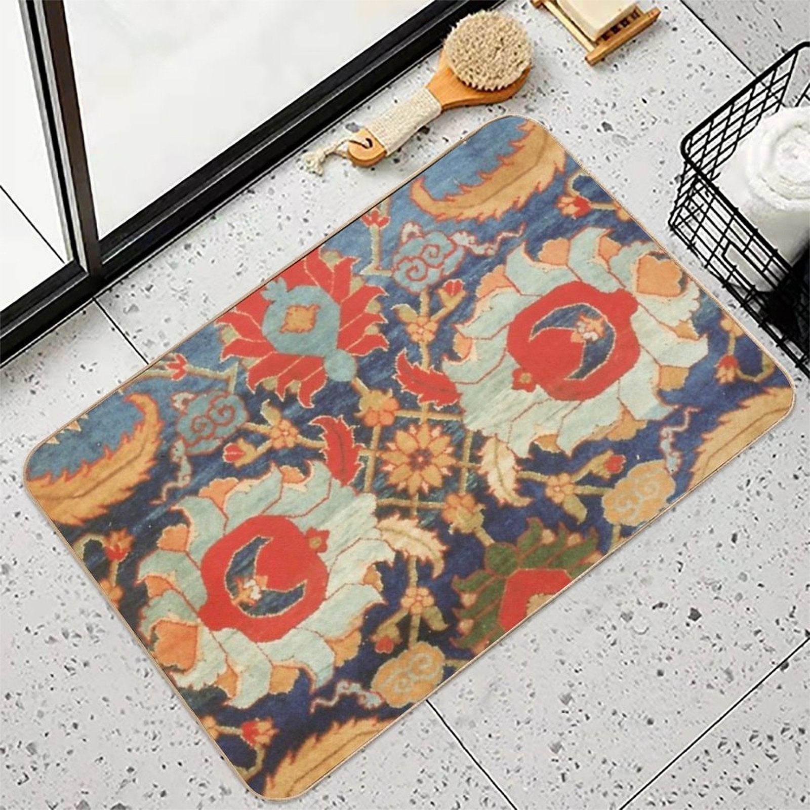 Indian Antique Floral Rug Print Durable Bath Mat
