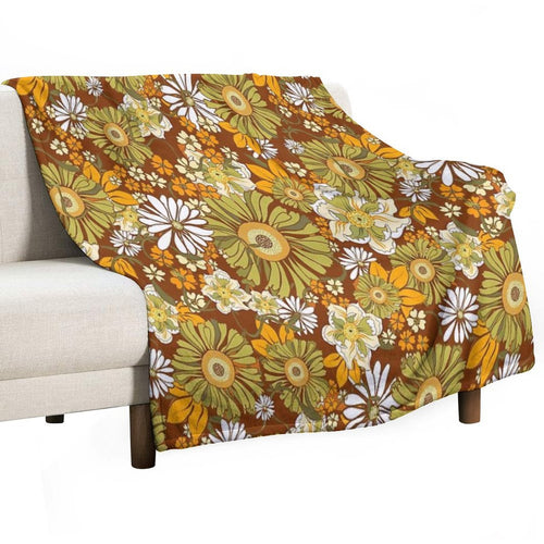 70s Retro Vintage Flower Power Pattern Boho, Orange, Brown, Sustainable Throw Blanket