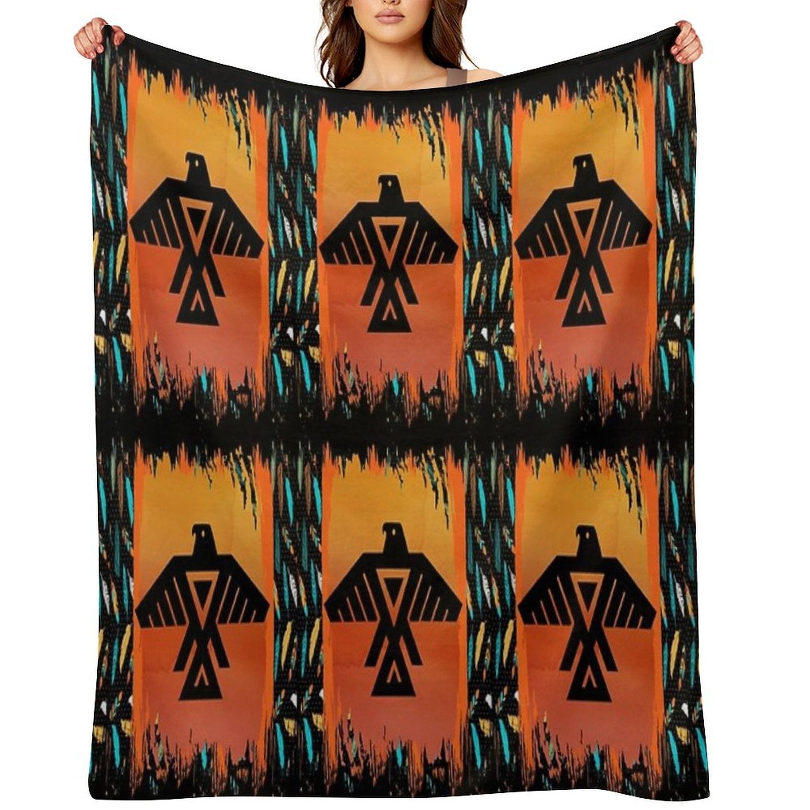 Eagle-Native American With Tribal Pattern Border Compact Throw Blanket