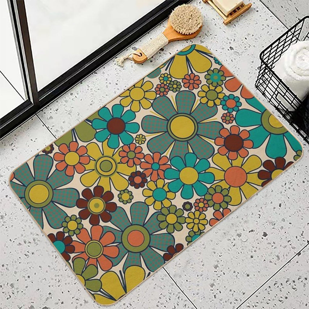 Retro Garden Gingham Flowers 70s Floral Pattern 2 in Mid Century Modern Olive Mustard Teal Orange  Anti-Trip Bath Mat