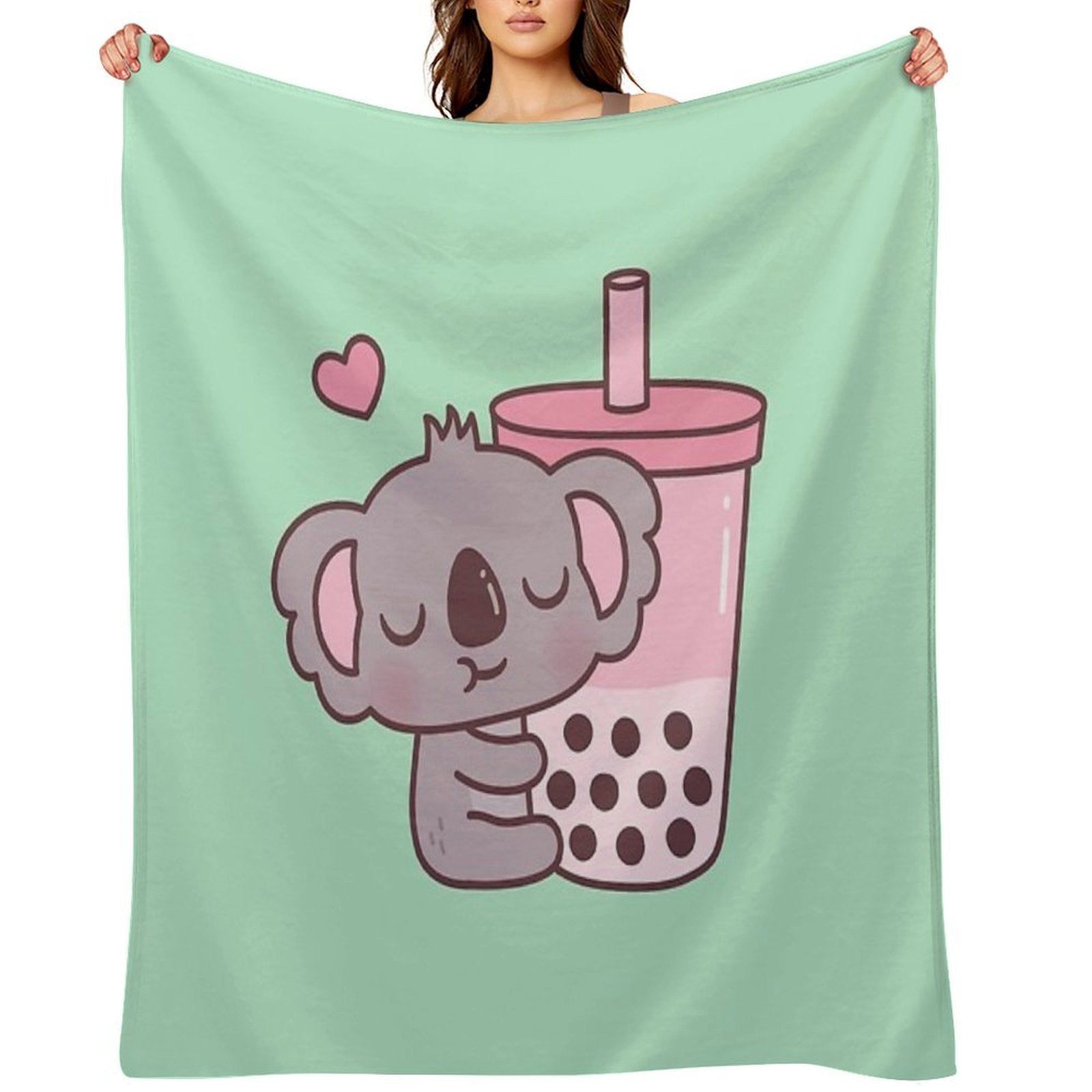 Cute Koala Loves Strawberry Bubble Tea Sustainable Throw Blanket