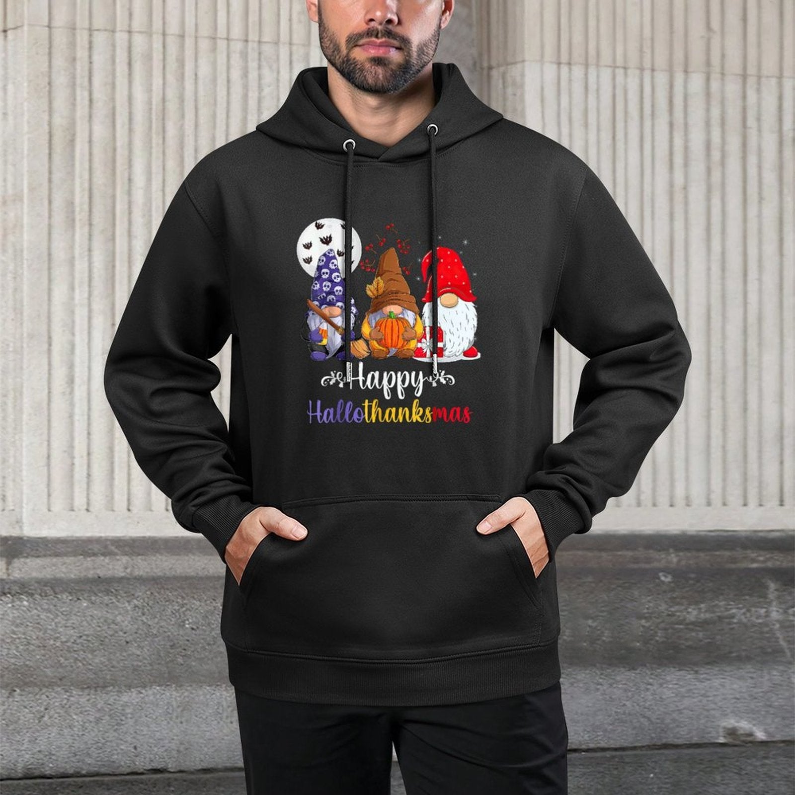 Halloween Thanksgiving Christmas Happy HalloThanksMas Gnomes Casual Wear Hoodie