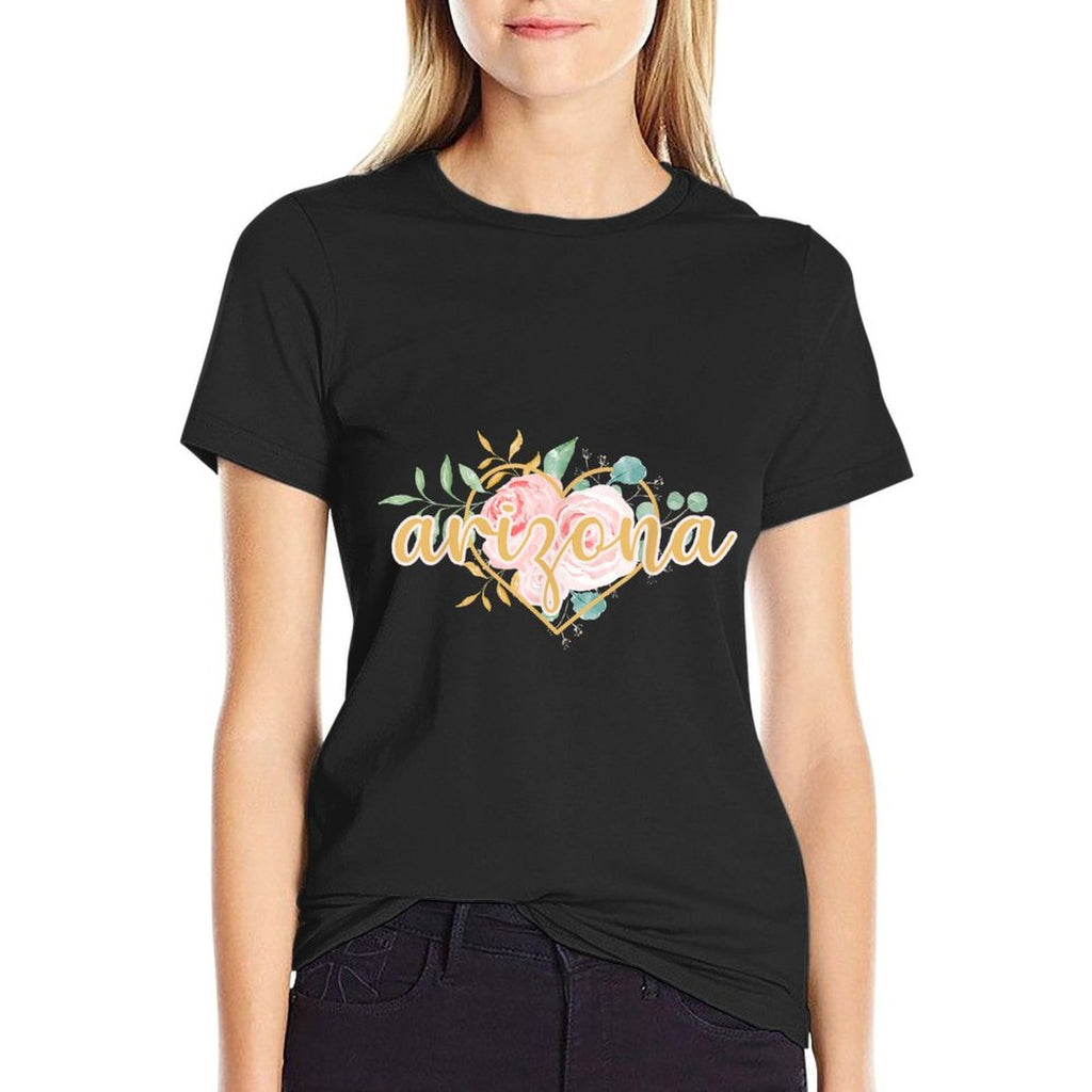 Arizona Floral Heart Pink Watercolor Roses Mothers Day Gift  Summer-ready Fabric T-Shirt
