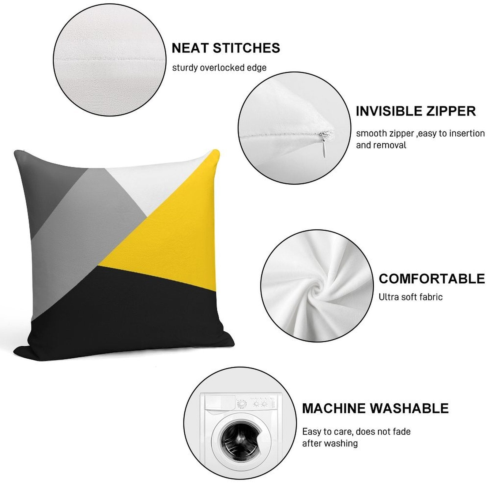 Simple Modern Gray Yellow And Black Geo Soft Anti-Pilling Throw Pillow