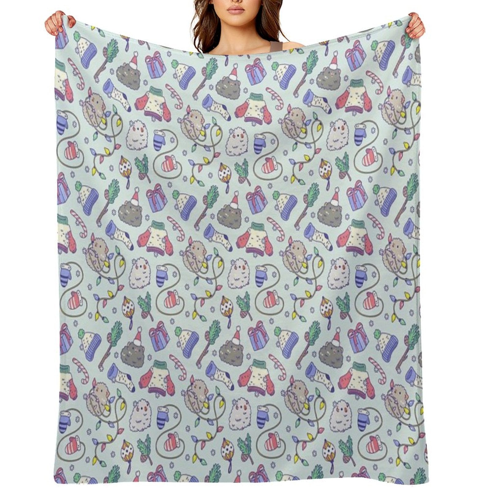 Teddy Guinea Pigs Christmas Patten in Mint Green Background Easy Care Throw Blanket