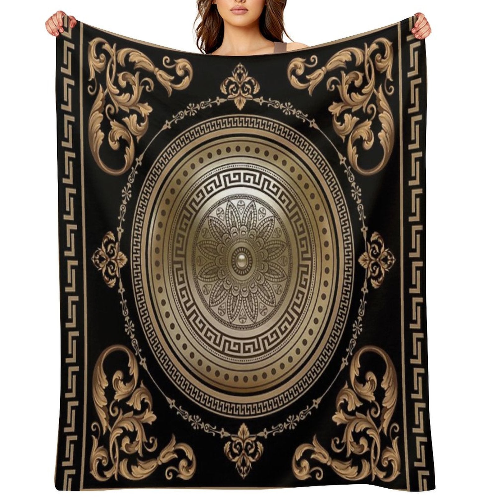 Baroque Black & Bronze Medallion Greek Meander Wrinkle-free Throw Blanket