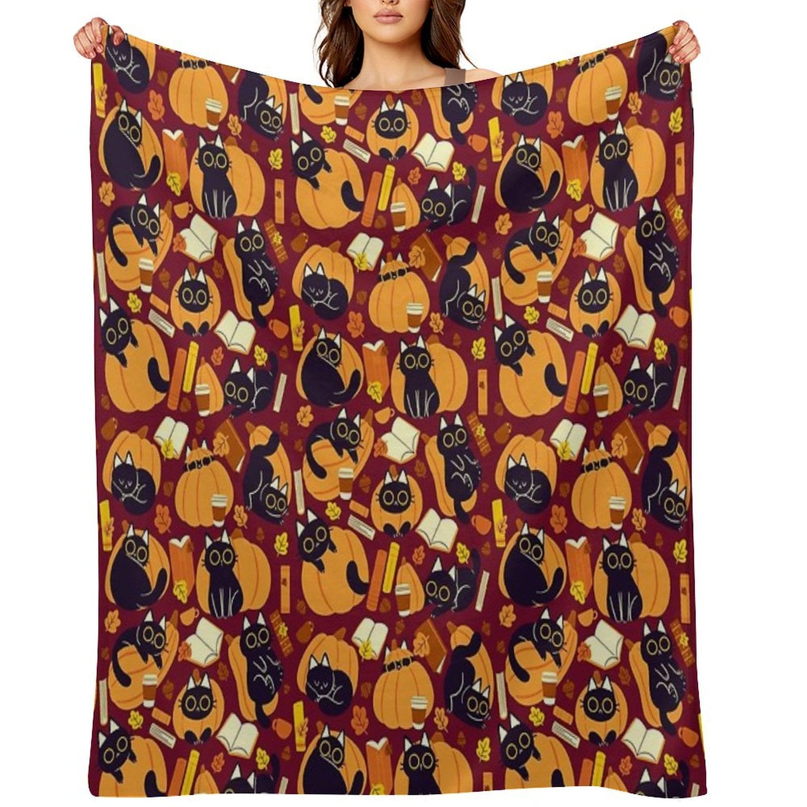 Cats, Pumpkins And Books Machine-washable Throw Blanket