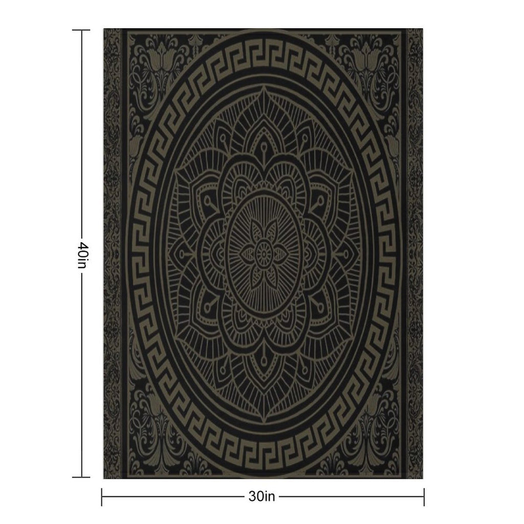 Ornate Baroque Army Green Black Meander Greek Key Flower Premium Throw Blanket
