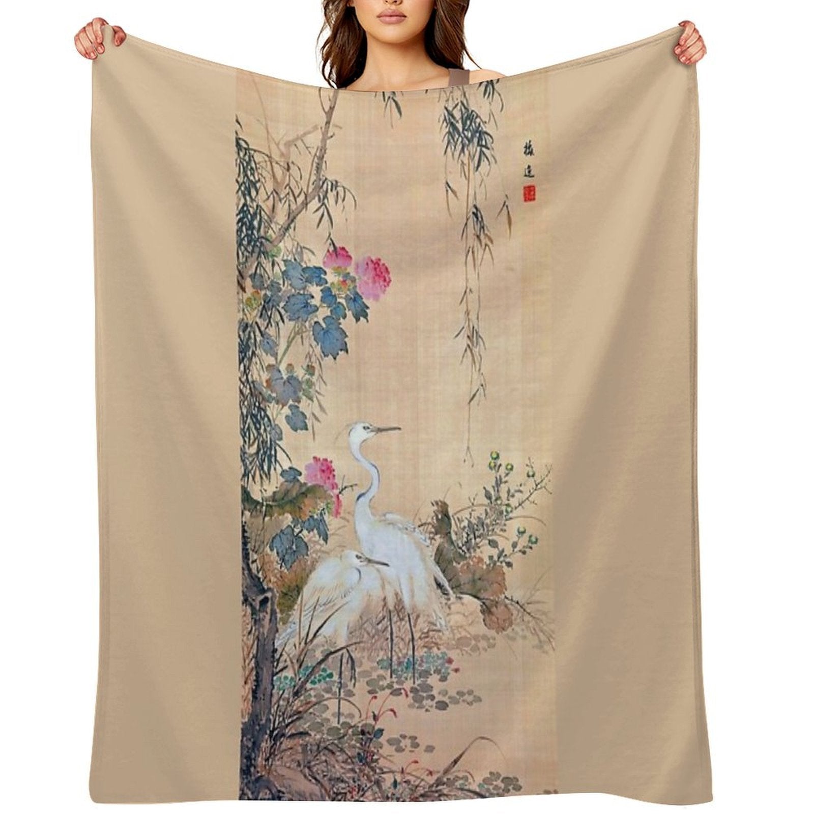 Egrets, Peonies, And Willows (Restored Japanese Artwork) Machine-washable Throw Blanket