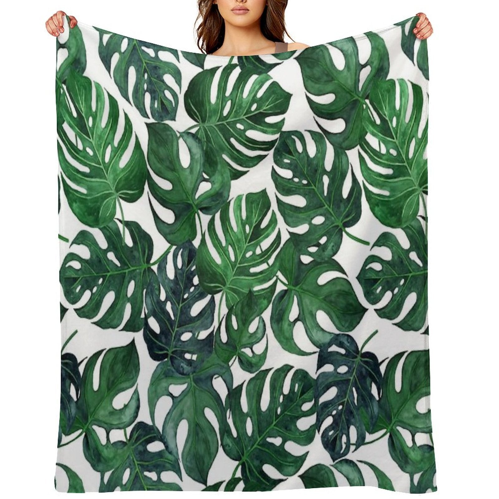 Tropical Monstera Leaves - Dark Emerald Green Machine-washable Throw Blanket