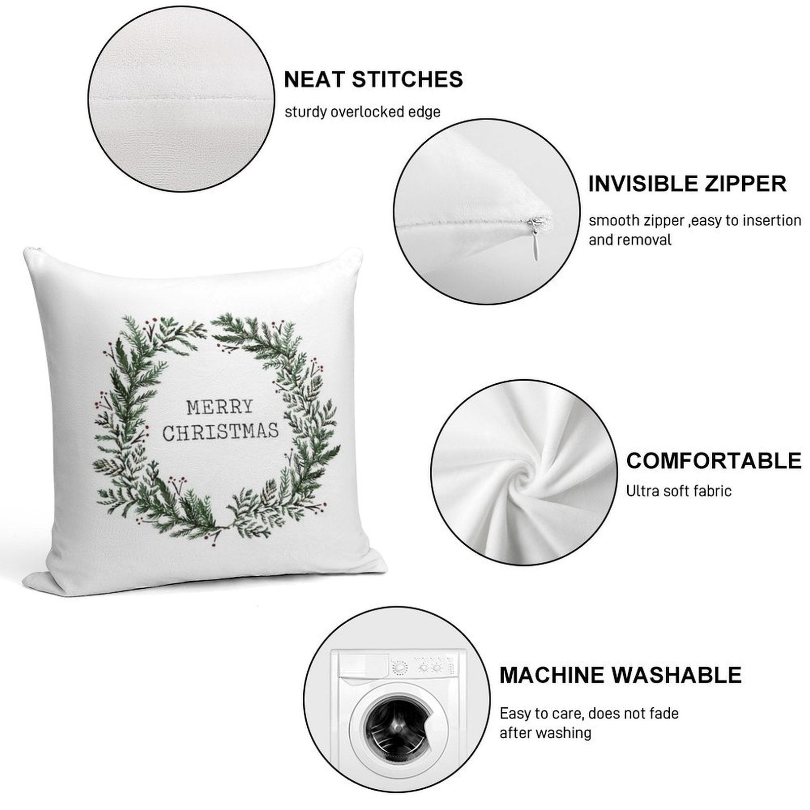 Simple Merry Christmas Soft Hidden Zipper Throw Pillow