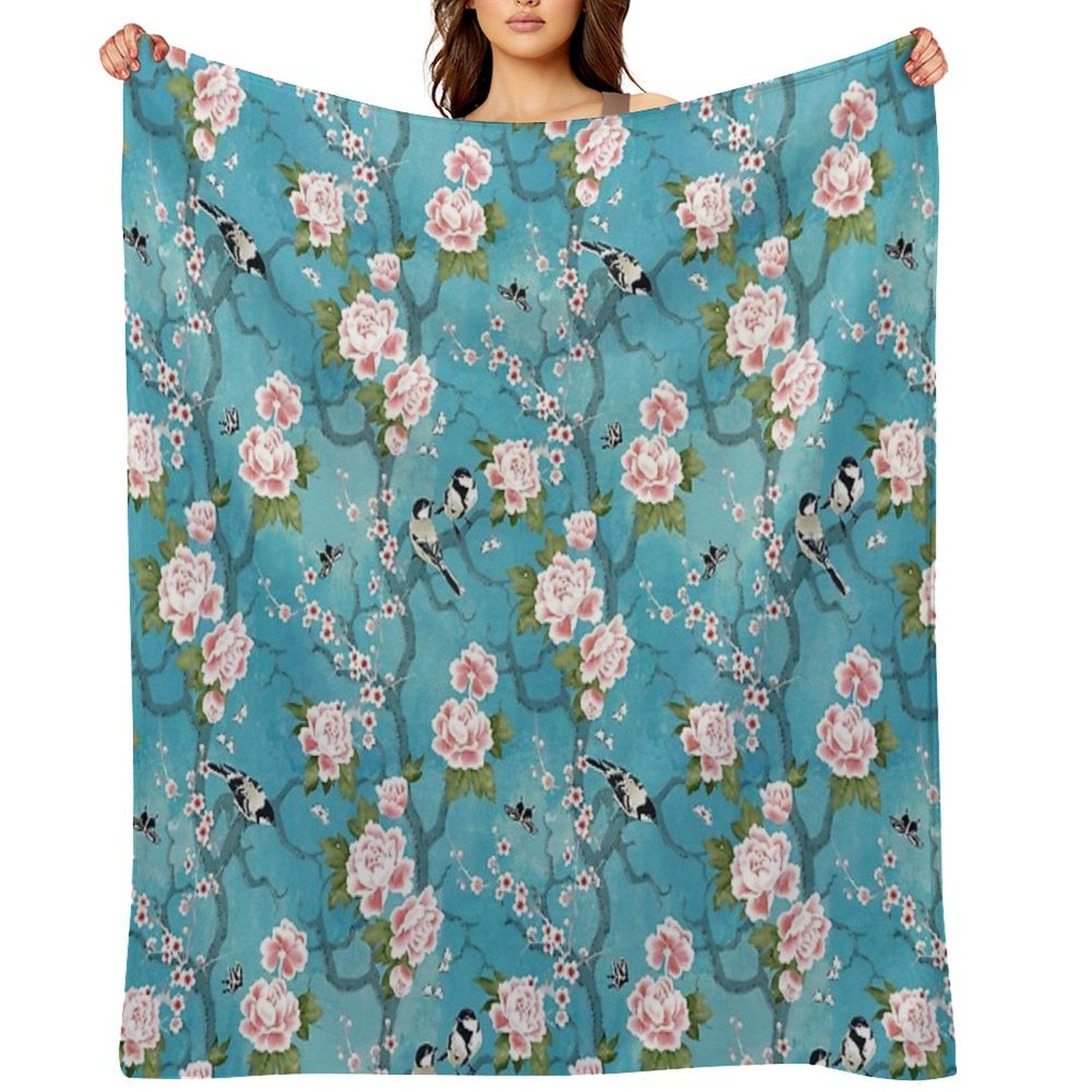Chinoiserie Birds in Turquoise Blue Eco-conscious Throw Blanket