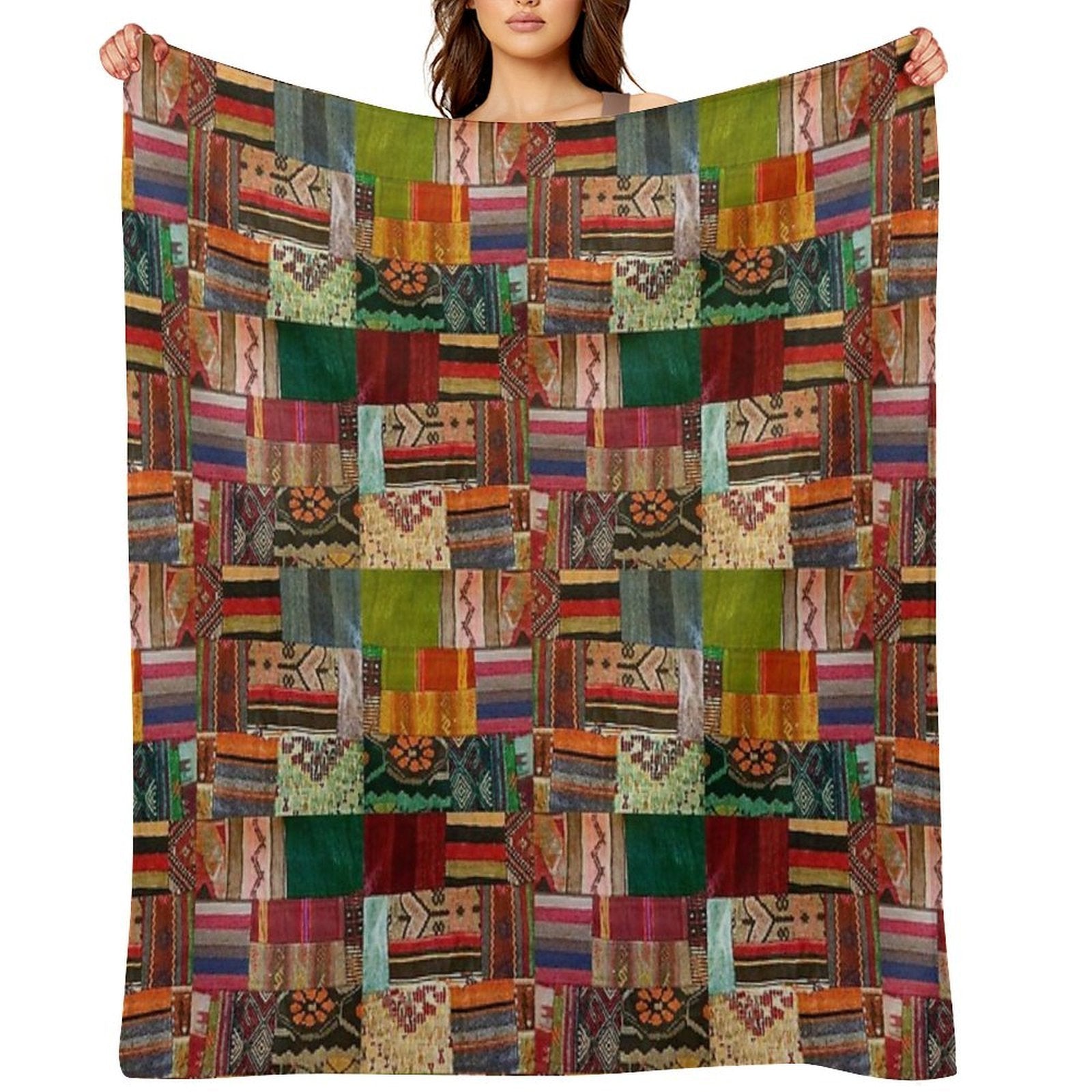 Tradional Kilim Patchwork Multi Colored Design Anti-pilling Throw Blanket